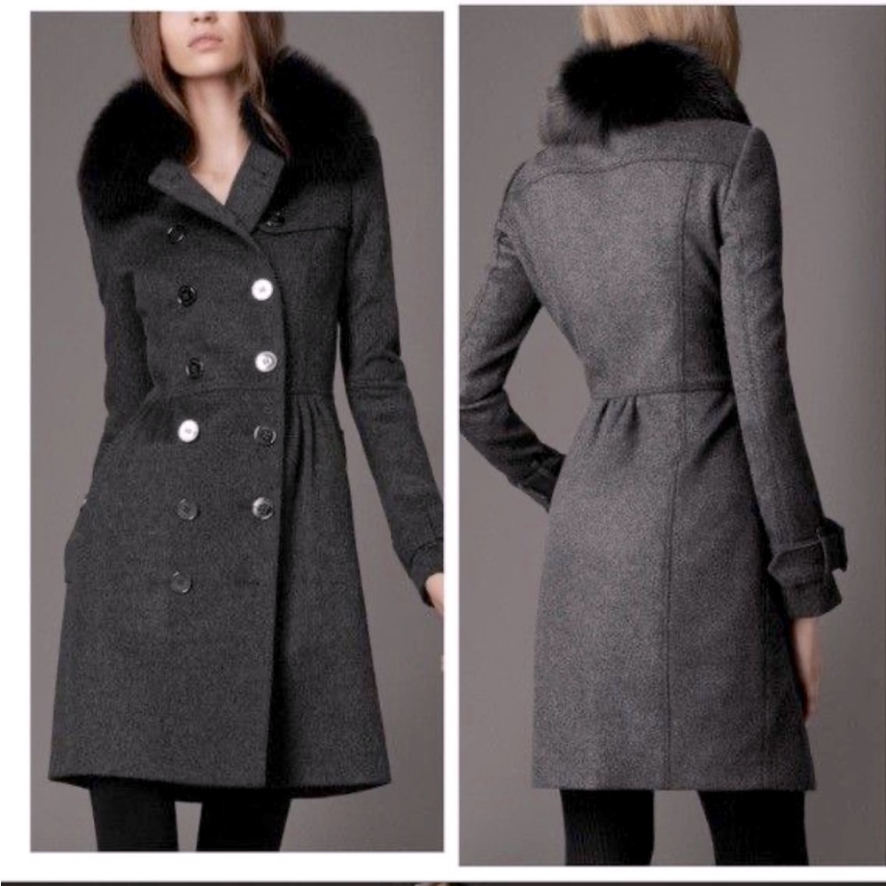 Burberry London Coatbridge Wool/Cashmere Double Breasted Fox Collar Coat